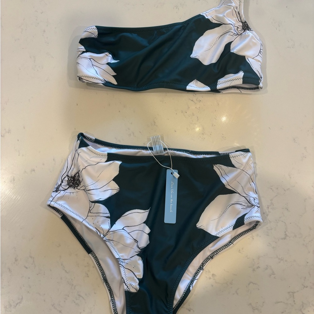 NWT Two piece one shoulder, high waisted women’s bathing suit - size small